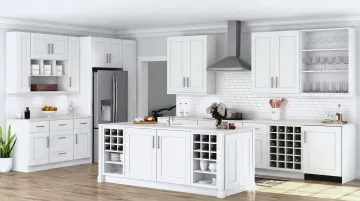 White shaker kitchen cabinets with minimalist bar setup and clean hardware