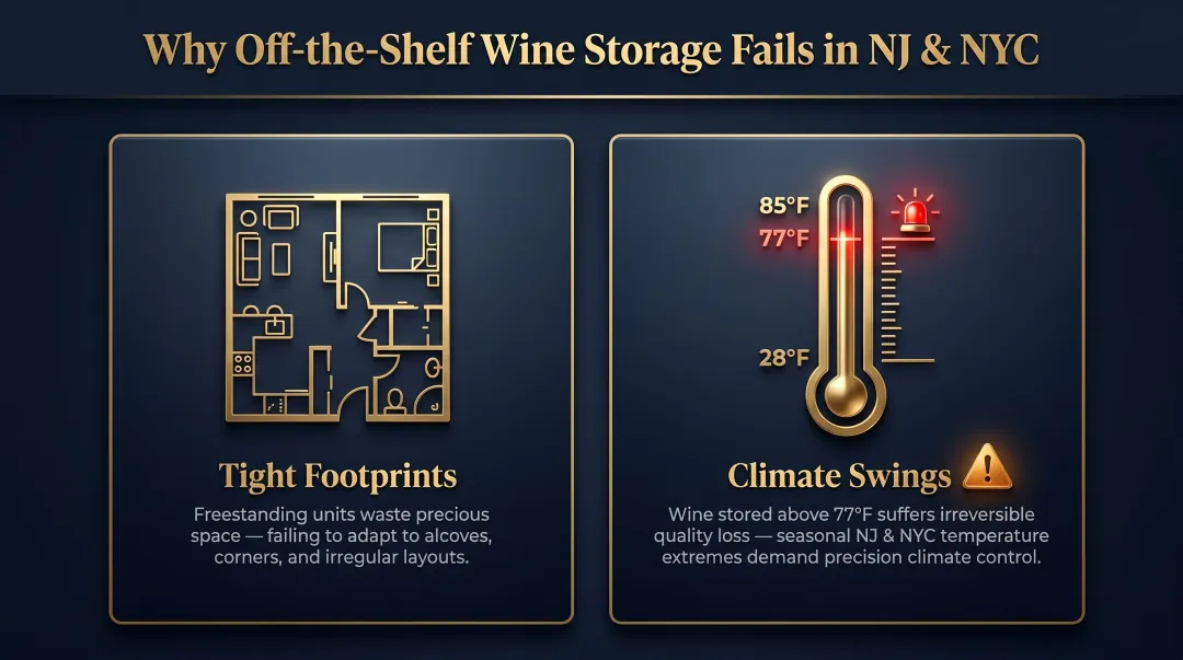 NJ NYC wine storage challenges tight footprint and climate swing comparison infographic