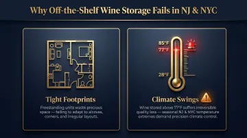 NJ NYC wine storage challenges tight footprint and climate swing comparison infographic