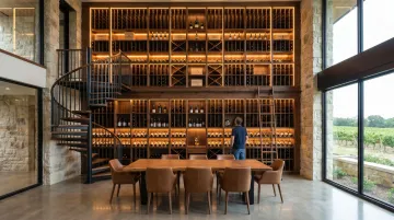 Floor-to-ceiling custom wine display wall with integrated LED lighting and hardwood racking