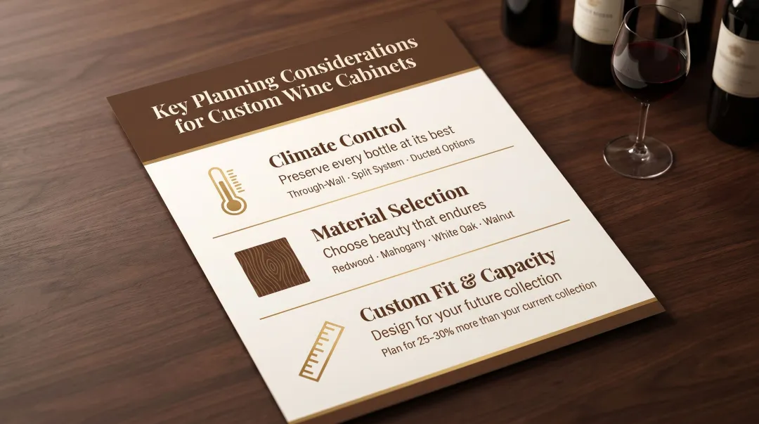 Three key custom wine cabinet planning factors climate materials fit and capacity infographic