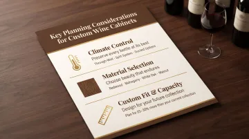 Three key custom wine cabinet planning factors climate materials fit and capacity infographic