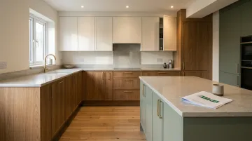 Two-tone kitchen cabinets with warm wood lower cabinets and white upper cabinets