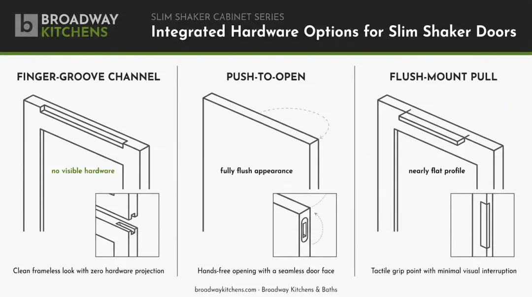 Three integrated hardware options for slim shaker cabinets comparison diagram