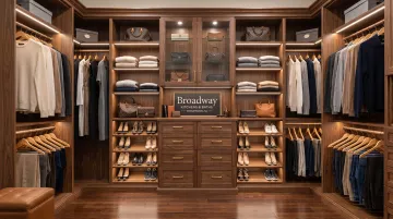 Broadway Kitchens and Baths custom built-in closet cabinetry with integrated drawers and shelving