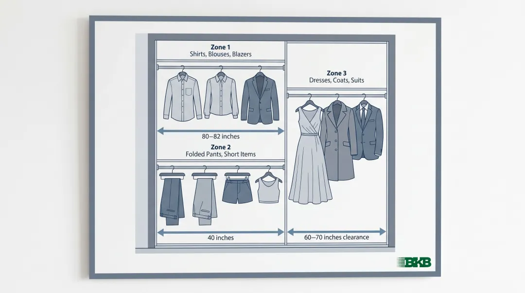 Custom closet hanging rod zone layout diagram with height measurements and garment types