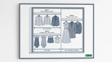 Custom closet hanging rod zone layout diagram with height measurements and garment types