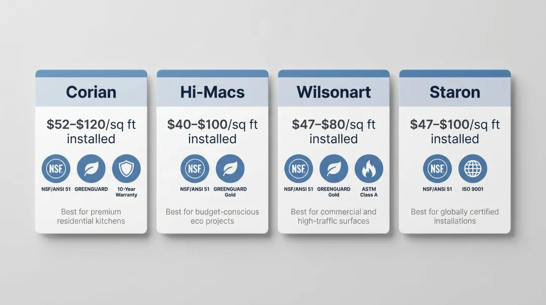 Solid surface brand comparison chart showing cost certifications and best uses