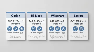 Solid surface brand comparison chart showing cost certifications and best uses