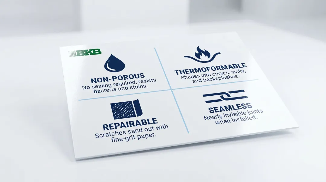 Four key solid surface countertop benefits infographic with icons