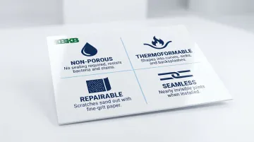 Four key solid surface countertop benefits infographic with icons