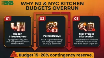 Three common commercial kitchen renovation budget overrun causes with cost impact icons