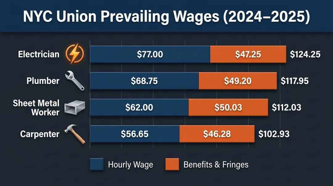 NYC union prevailing wage rates for four construction trades comparison chart