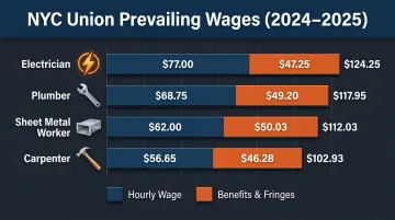 NYC union prevailing wage rates for four construction trades comparison chart