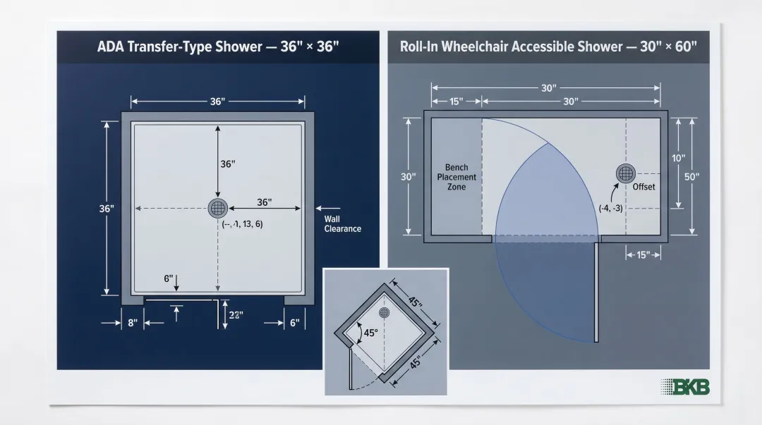 Curbless walk-in shower ADA dimensions and design specs diagram