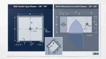Curbless walk-in shower ADA dimensions and design specs diagram
