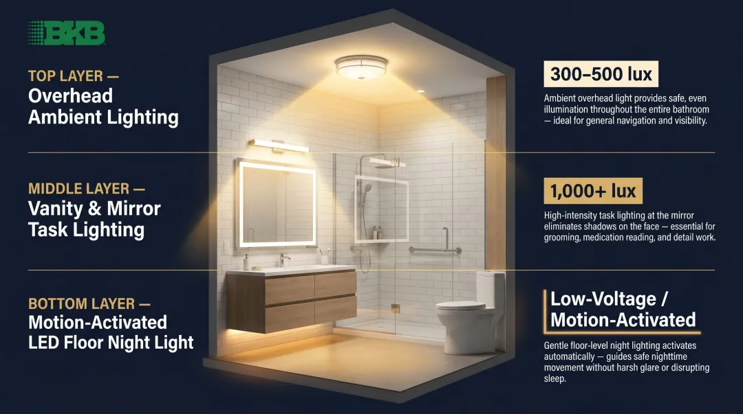 Three-layer senior bathroom lighting guide with lux levels and placement zones