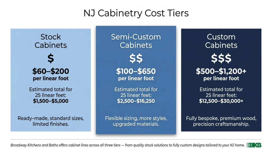 NJ kitchen cabinetry cost comparison by tier stock semi-custom and custom