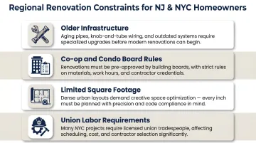 Four key NJ and NYC kitchen renovation constraints comparison infographic