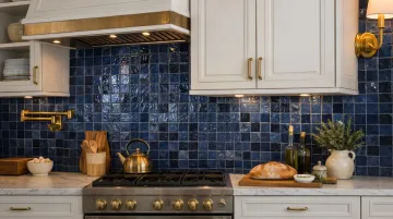Bold full-height zellige tile backsplash in modern kitchen design
