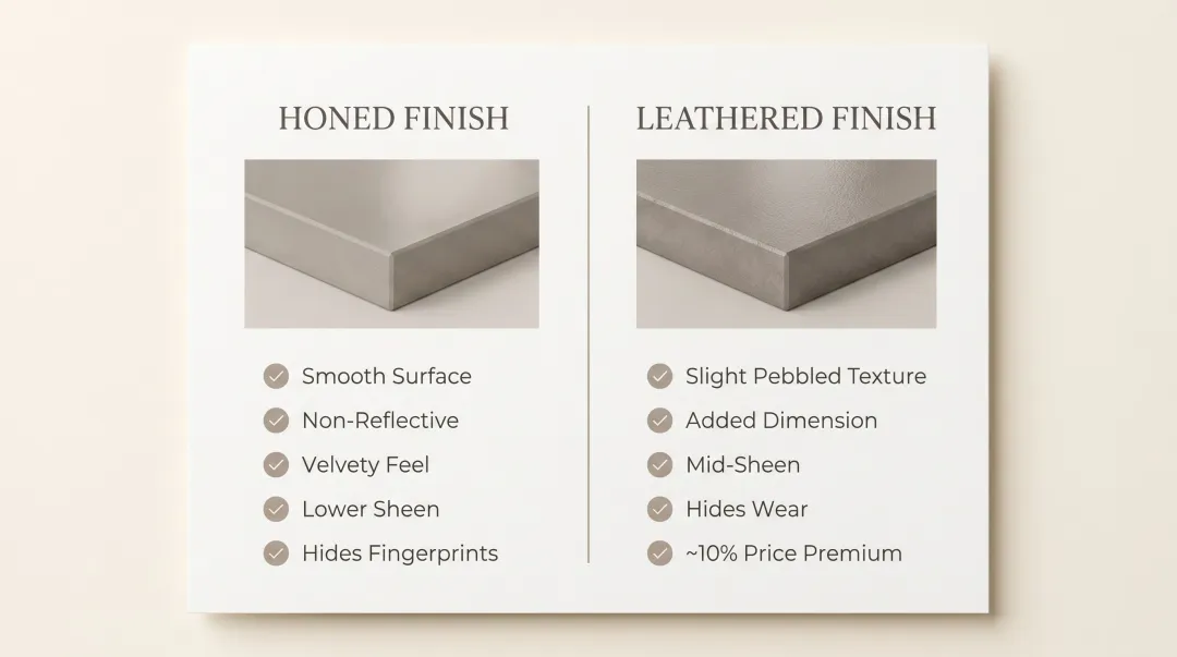 Honed versus leathered quartz finish side-by-side comparison with texture and sheen details