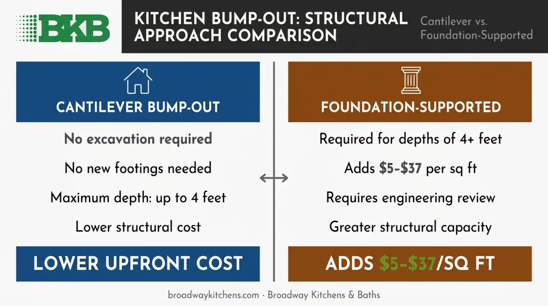 Cantilever versus foundation-supported kitchen bump-out cost comparison infographic