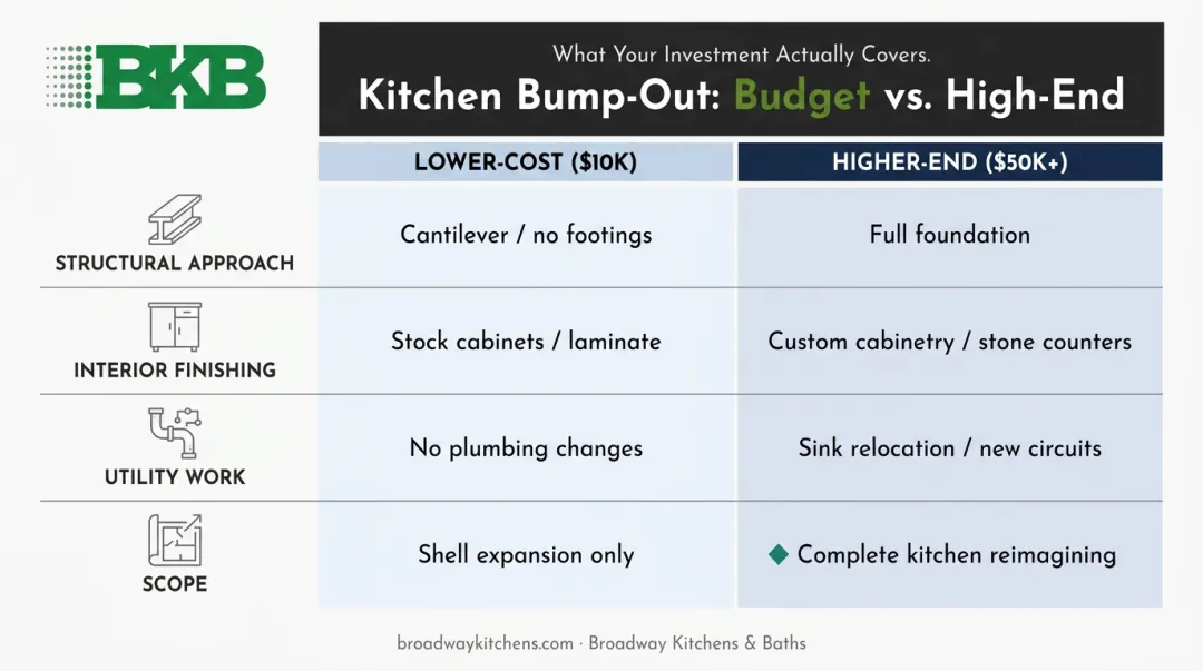 Low-cost versus high-end kitchen bump-out comparison across four key dimensions