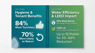 Touchless fixture upgrade benefits showing hygiene water savings and LEED credit points