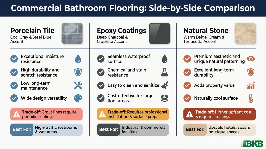 Commercial bathroom flooring options comparison chart porcelain epoxy and natural stone