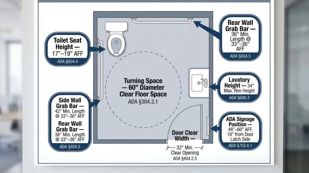 ADA commercial restroom compliance dimensions and specifications reference chart