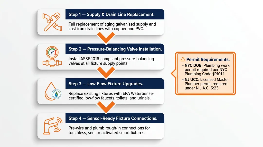 Commercial plumbing overhaul four-step process flow for aging NYC and NJ buildings