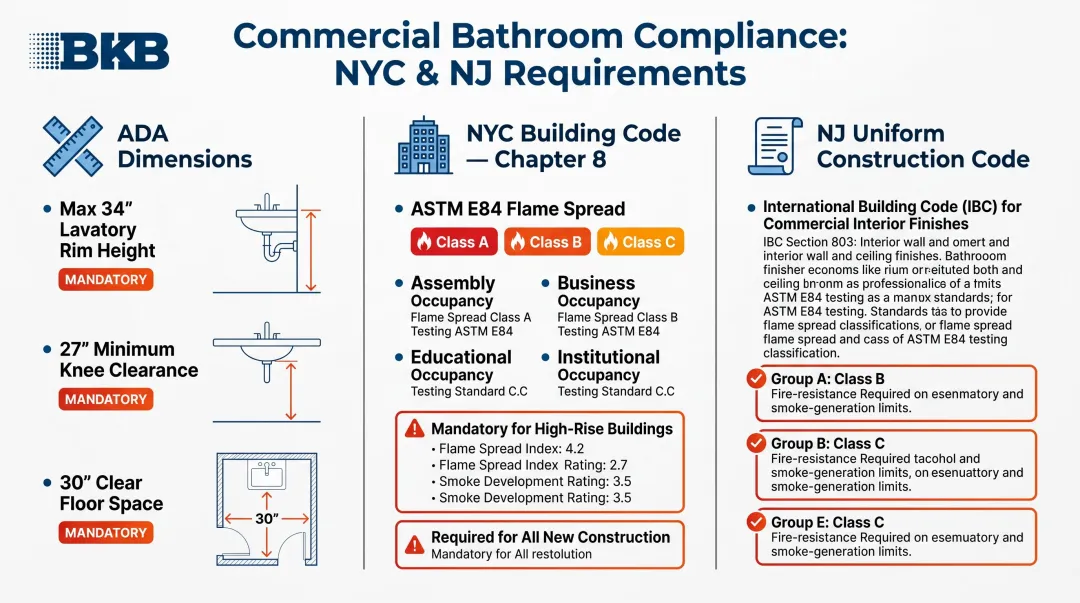 ADA and NYC NJ commercial bathroom compliance requirements dimensions infographic