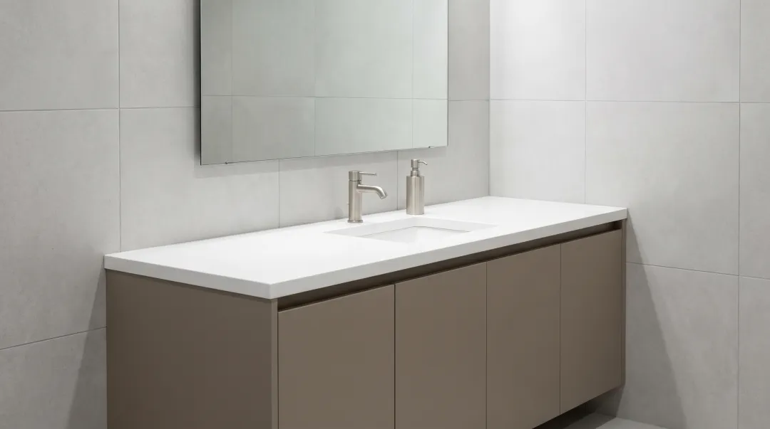 Commercial bathroom vanity with plywood construction installed in multi-unit residential building