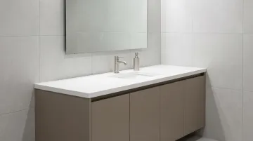 Commercial bathroom vanity with plywood construction installed in multi-unit residential building