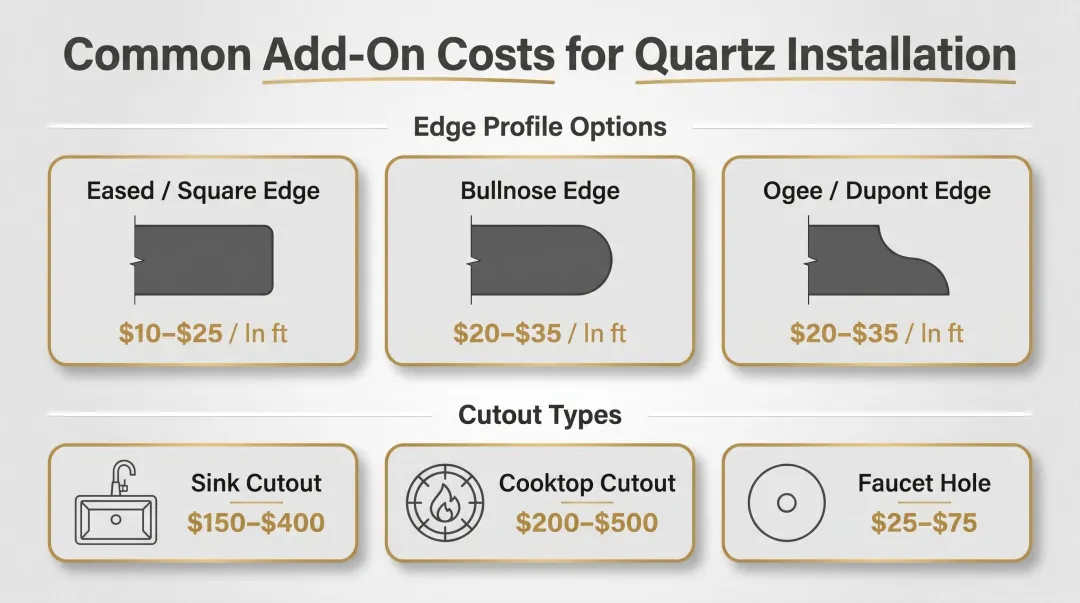 Quartz countertop edge profiles and cutout costs itemized pricing breakdown chart