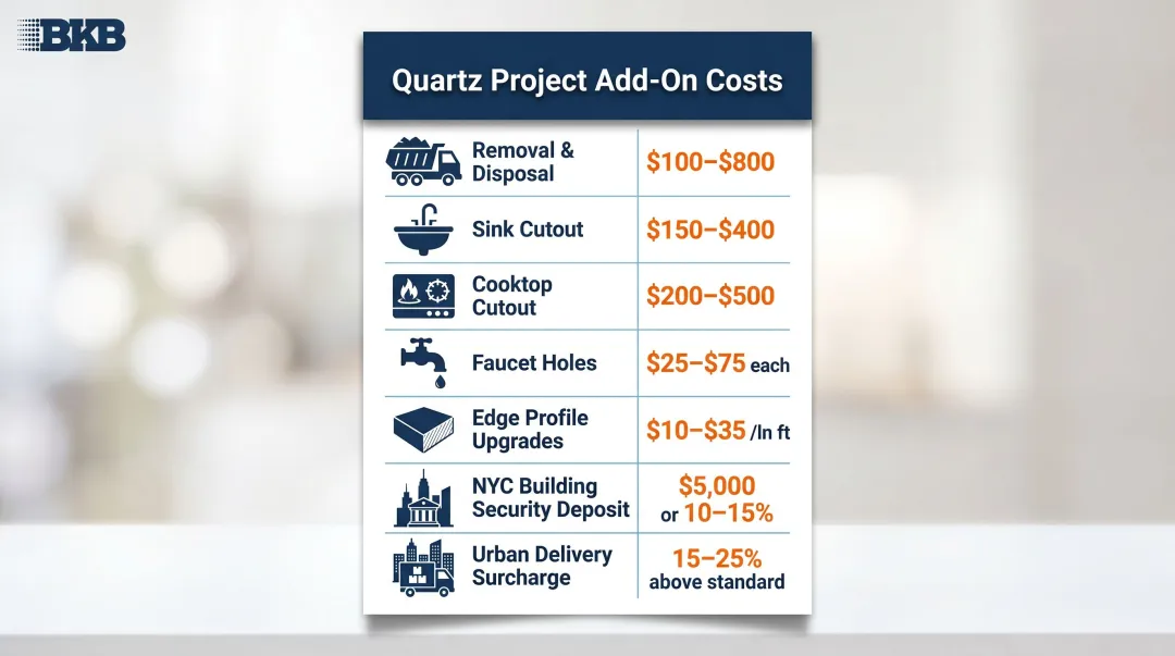 Complete quartz countertop project cost components breakdown NJ NYC add-ons