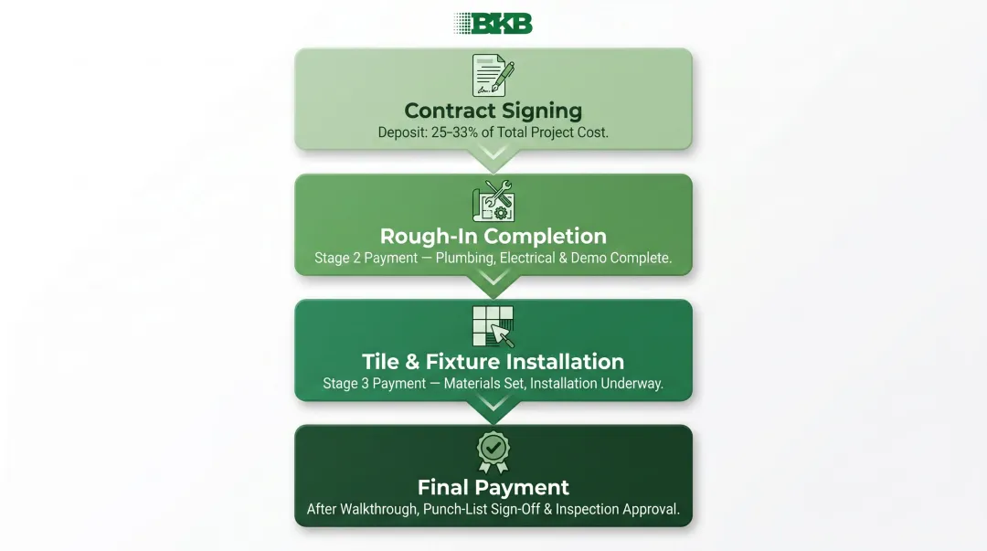 4-milestone bathroom remodel payment schedule process flow infographic