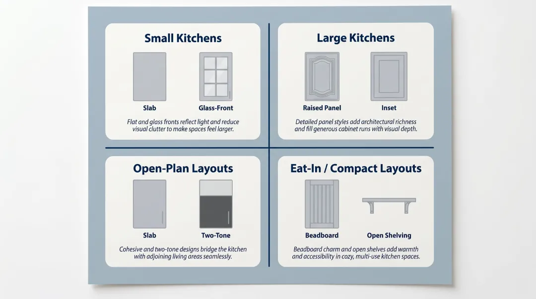 Cabinet style selection guide by kitchen size and layout visual comparison
