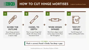 4-step hinge mortise cutting process flow diagram for slab door installation