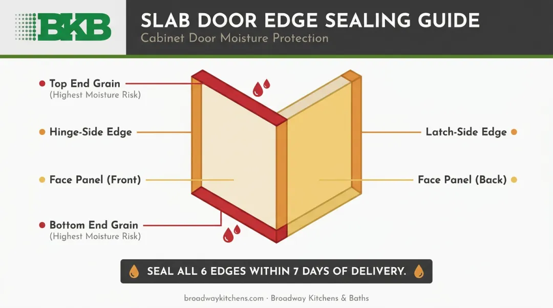 Six edges of a slab door requiring sealing before installation diagram