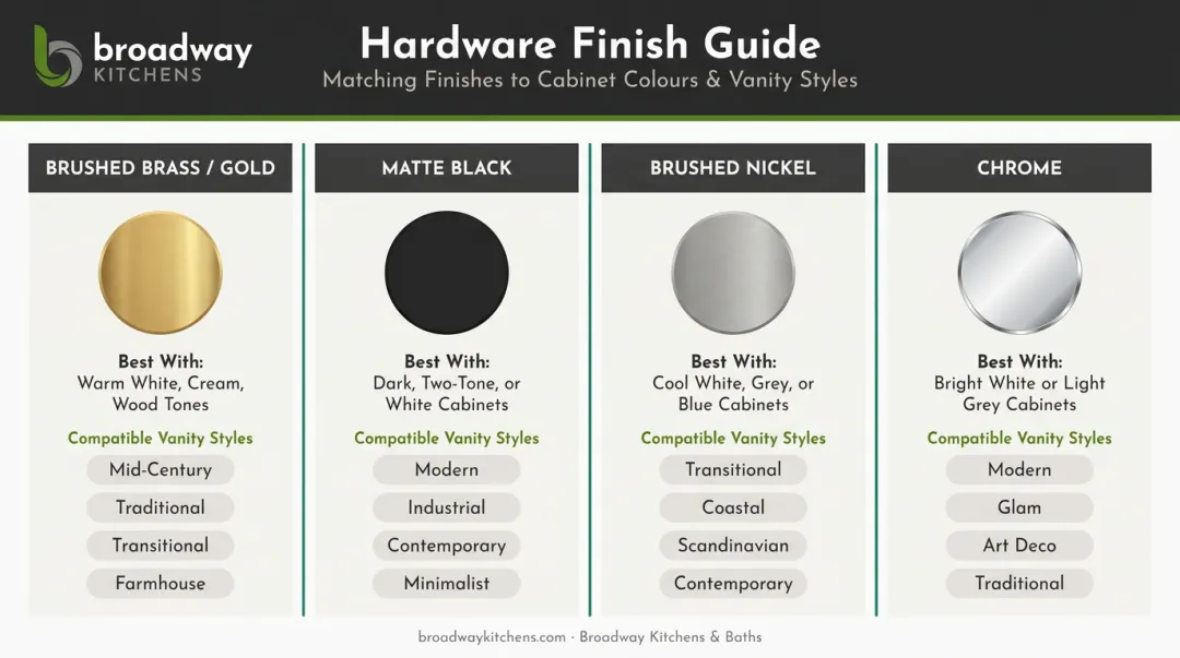 Bathroom hardware finish pairing guide matching vanity styles and cabinet colors