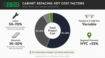 Cabinet refacing cost factors breakdown showing labor materials location and design variables
