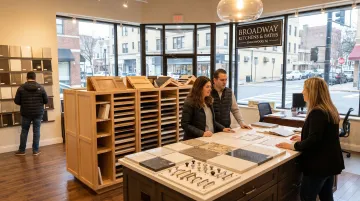 Broadway Kitchens and Baths showroom displaying cabinetry countertop and hardware material samples