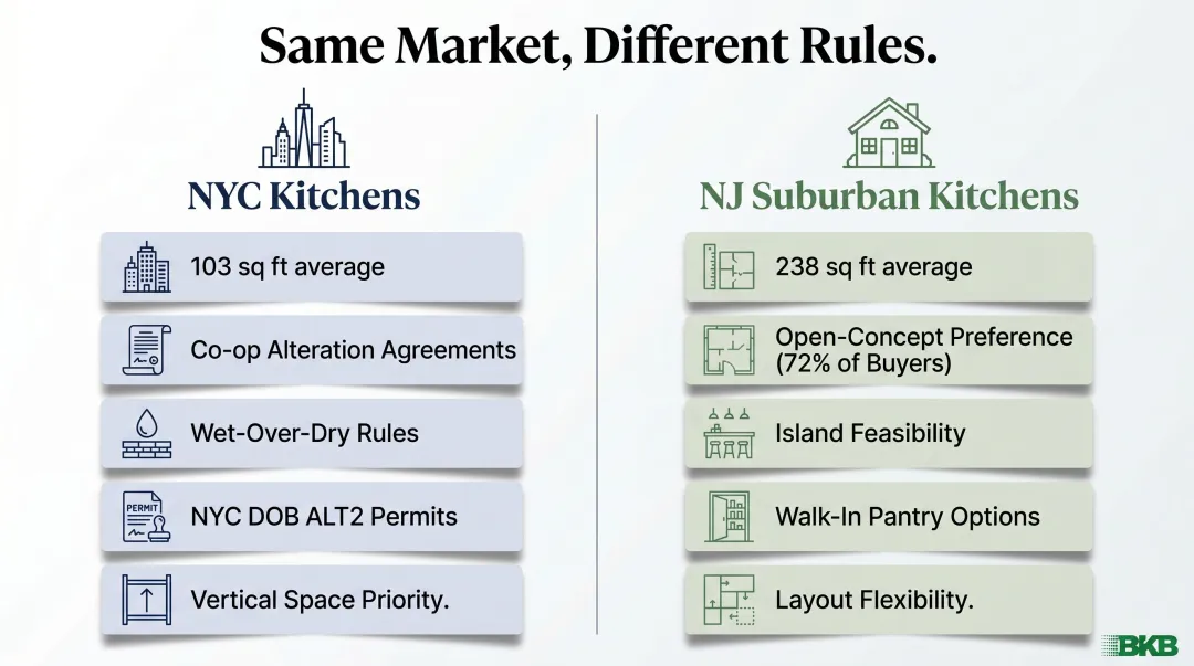 NYC versus NJ kitchen design constraints side-by-side comparison infographic