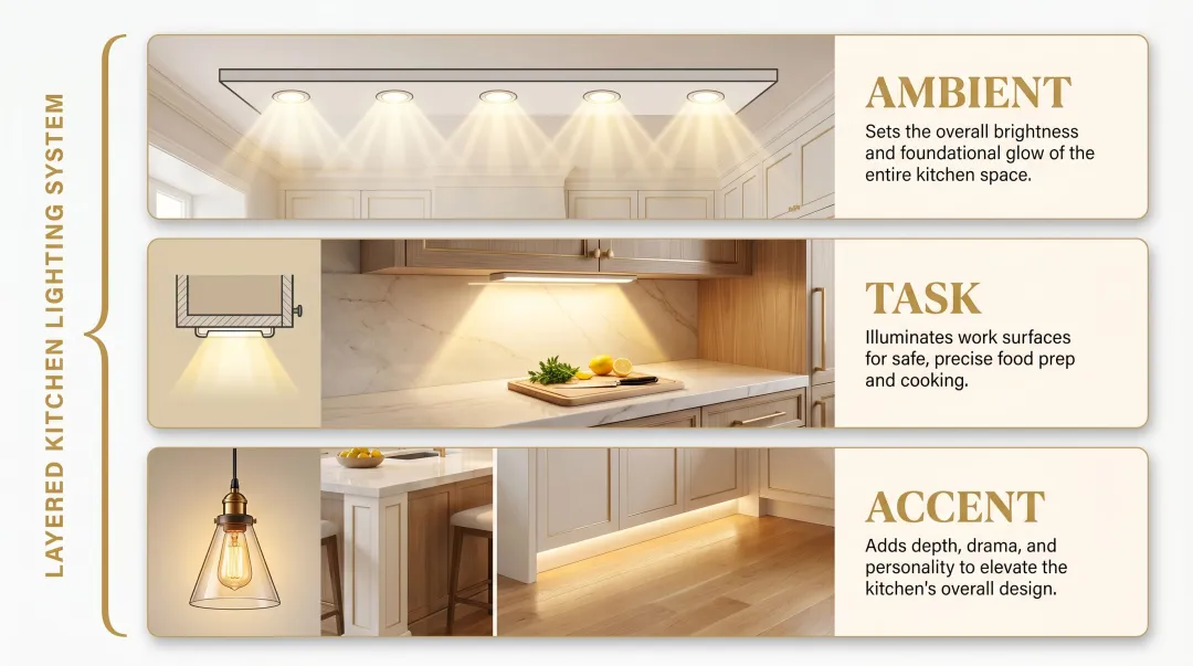 Three-layer kitchen lighting system ambient task and accent layers diagram
