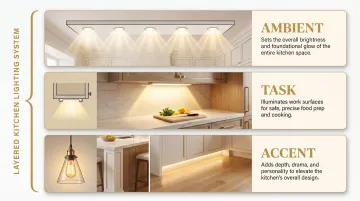 Three-layer kitchen lighting system ambient task and accent layers diagram