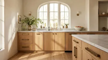Modern kitchen featuring warm wood cabinetry brushed gold hardware and honed stone countertops
