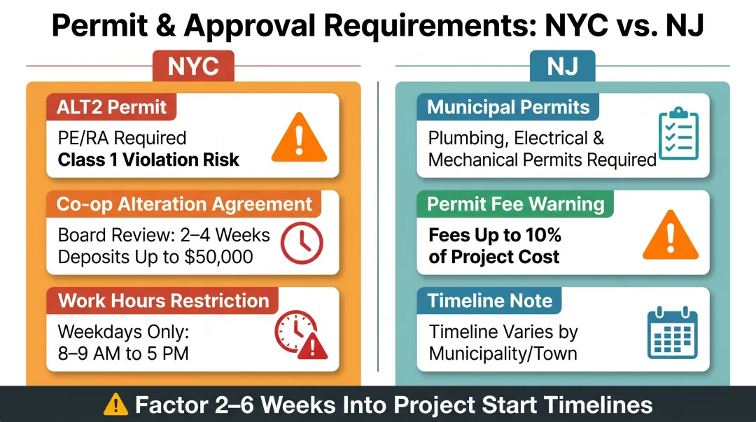 NYC versus NJ bathroom renovation permit requirements comparison infographic