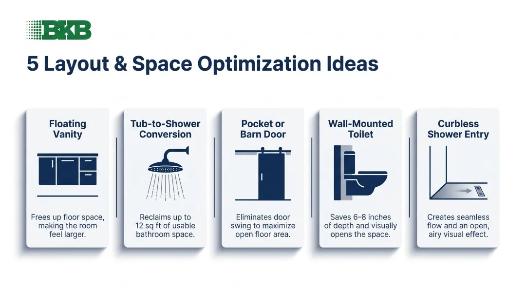 Five layout optimization ideas for small NJ NYC bathrooms side-by-side visual