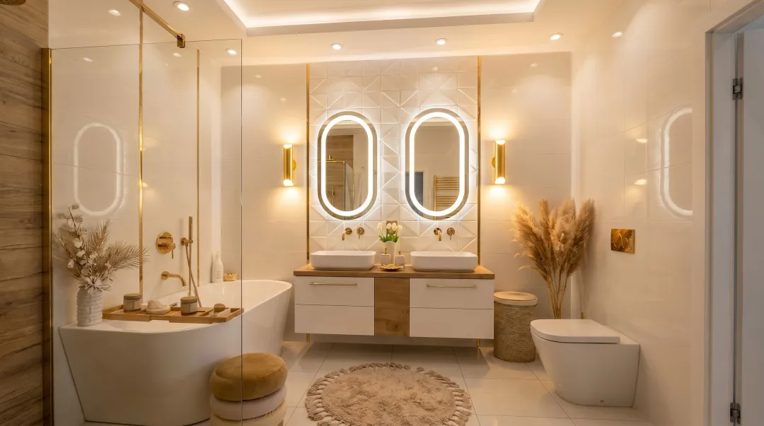 Layered bathroom lighting with vanity sconces and recessed ceiling LED fixtures